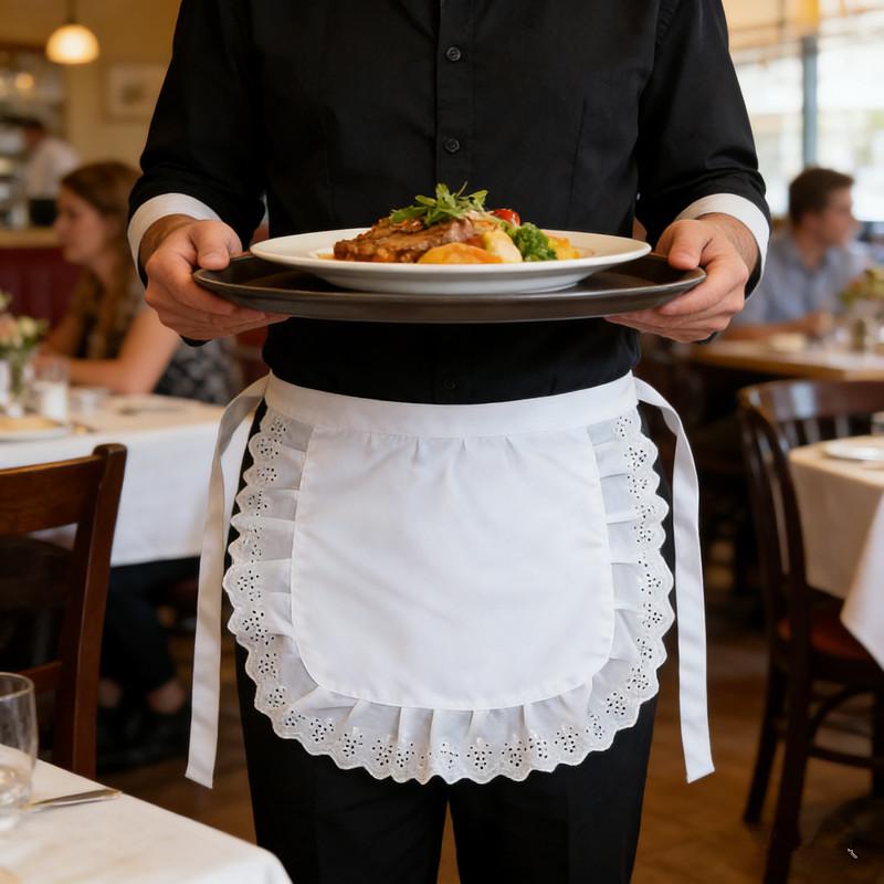 Женский полупоясной кухонный фартук для готовки Короткий Лолита Горничная Сексуальное Кружево Черно-белый Нагрудник Красота Цветок Кафе Фартук Домашняя Работа
