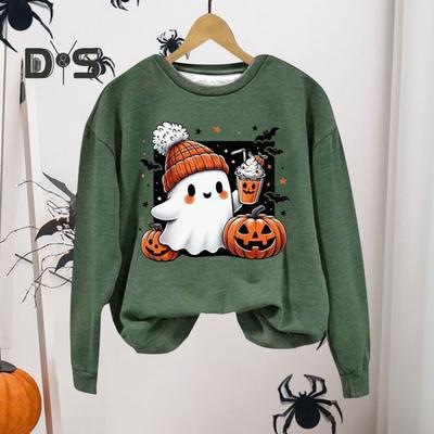 Женская толстовка на Хэллоуин с рисунком тыквы, летучей мыши, призрака, круглым вырезом, длинными рукавами, пуловер, повседневная спортивная толстовка для поездок на работу