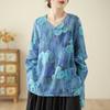 New Women's Breathable Spring/Summer New Lazy Style Exquisite Printed Ramie V-neck Loose Top T-shirts