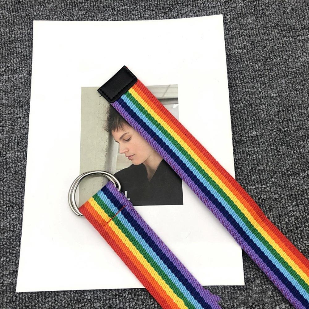 D-shaped Buckle Men Belt Nylon Canvas Waist Belt Trendy Rainbow Canvas Belt  For Jeans