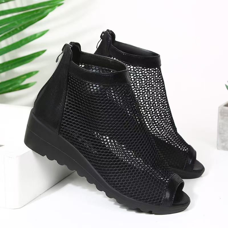 Women's Summer Wedges Mesh Peep Toe Cool Boots Thick Sole Non Slip Breathable Big Size Zippers Ankle Boots High Top Sandals