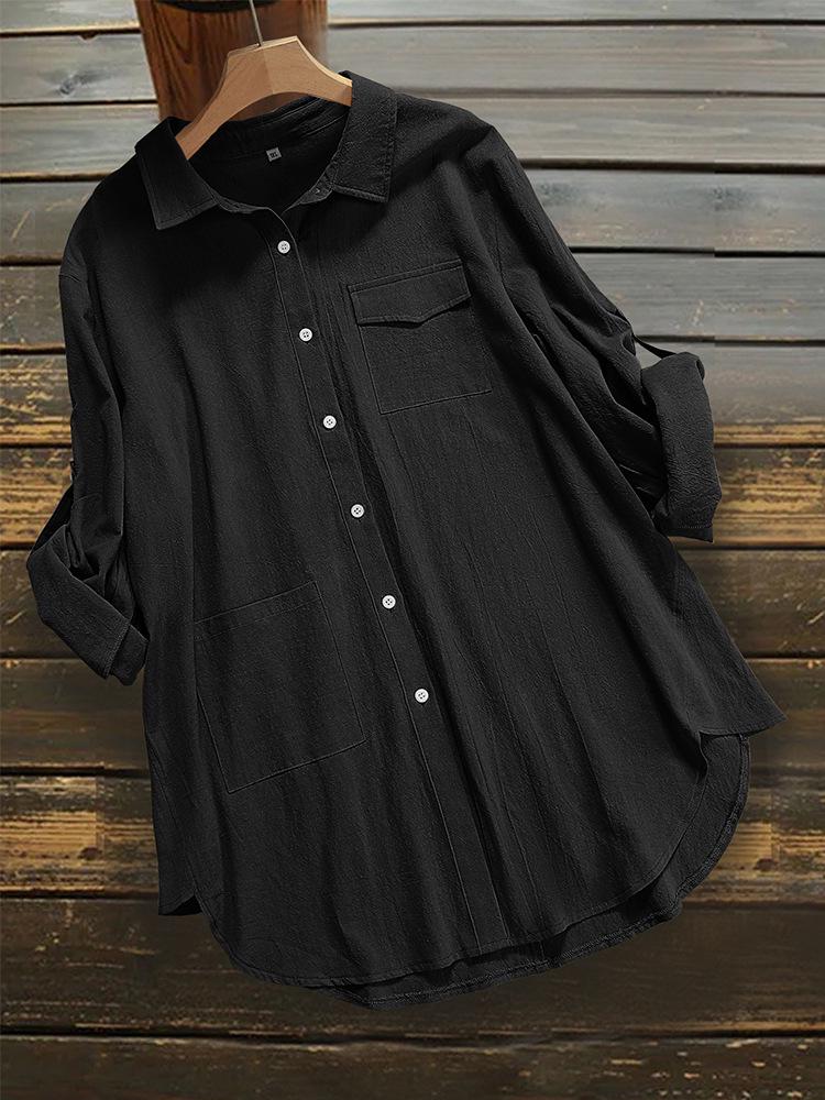 2025 Women's Solid Color Long Sleeve Button-Down Loose T-Shirt - European and American Style, Oversized Fit.