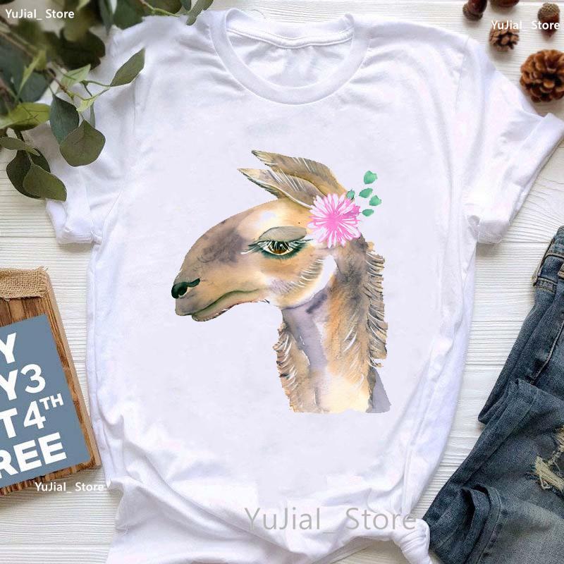 Kawaii Alpaca With Flowers And Coffee Print T Shirt Girls Summer Short Sleeve Tshirt Femme Fashion Tops Tee Shirt Female