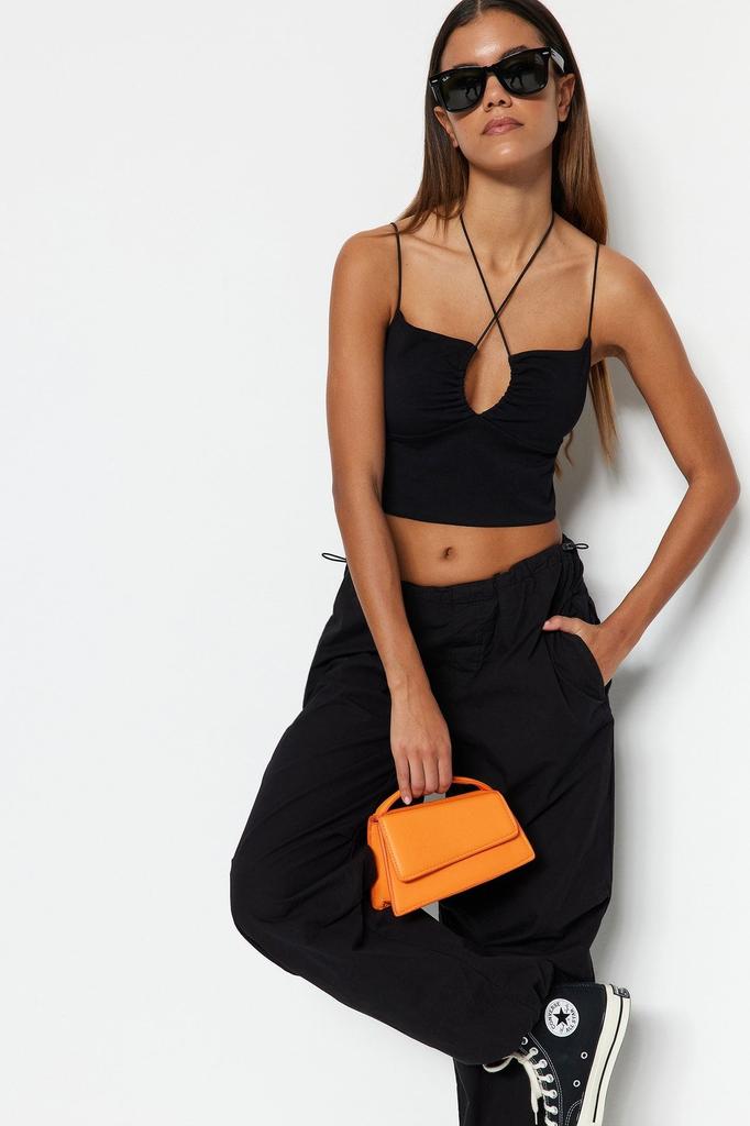 Women's Fashion New Undershirt Black Halter Neck Spaghetti Strap Cotton Stretchy Crop Knitted Undershirt