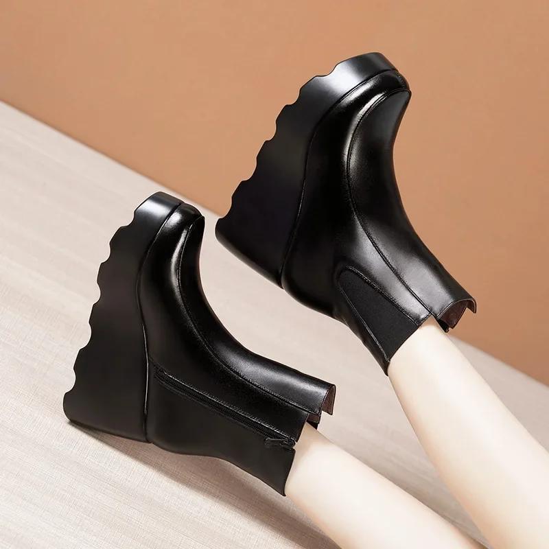 Маленький размер 32-43 Толстая подошва Плюшевая обувь Зима Женщины 2025 Элегантные Высокие каблуки Танкетки Ботильоны Мягкая кожа Ботильоны Платформа