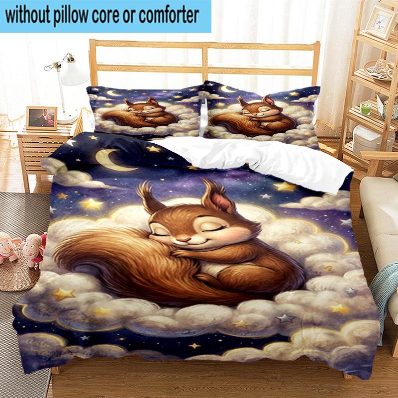 Squirrel Dreams Under Moonlight 3pcs Bedding,Including 1pc Duvet Cover And 2pcs Pillowcases Perfect for Christmas,Ideal for Bedroom, Dormitory