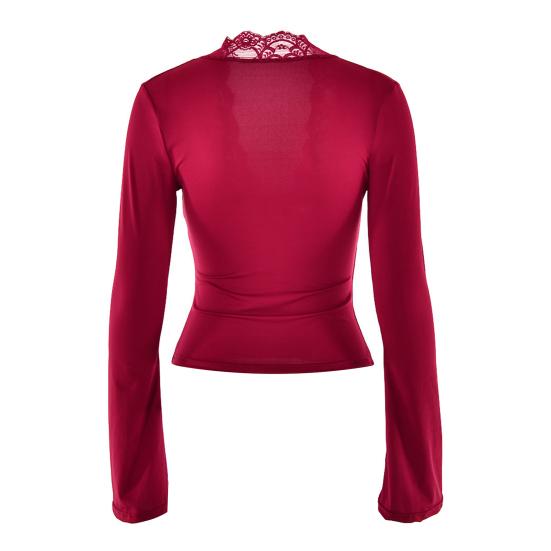 Женский укороченный топ с длинными рукавами, сексуальный, глубокий V-образный вырез, кружевная облегающая блузка, повседневная базовая рубашка для выхода на весну и осень