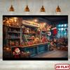The background of the Christmas scene is the workshop of Santa Claus, with decorated trees and ornaments.