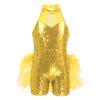Kids Girls Ballet Latin Dance Costumes Sleeveless Sequins Mesh Splice Cutout Back Leotard Jumpsuit