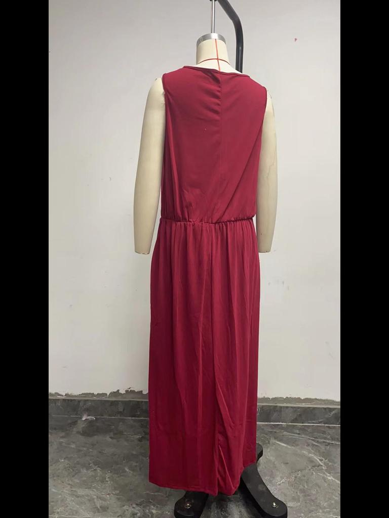 2025 европейское и американское женское длинное повседневное платье без рукавов с круглым вырезом и разрезом на весну и лето