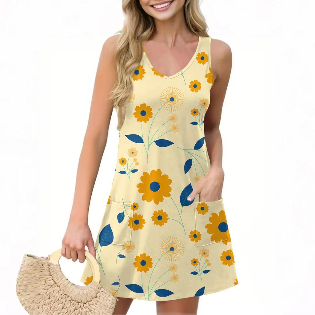 Женское повседневное летнее платье-жилет с карманами, цветочным принтом, V-образным вырезом, без рукавов