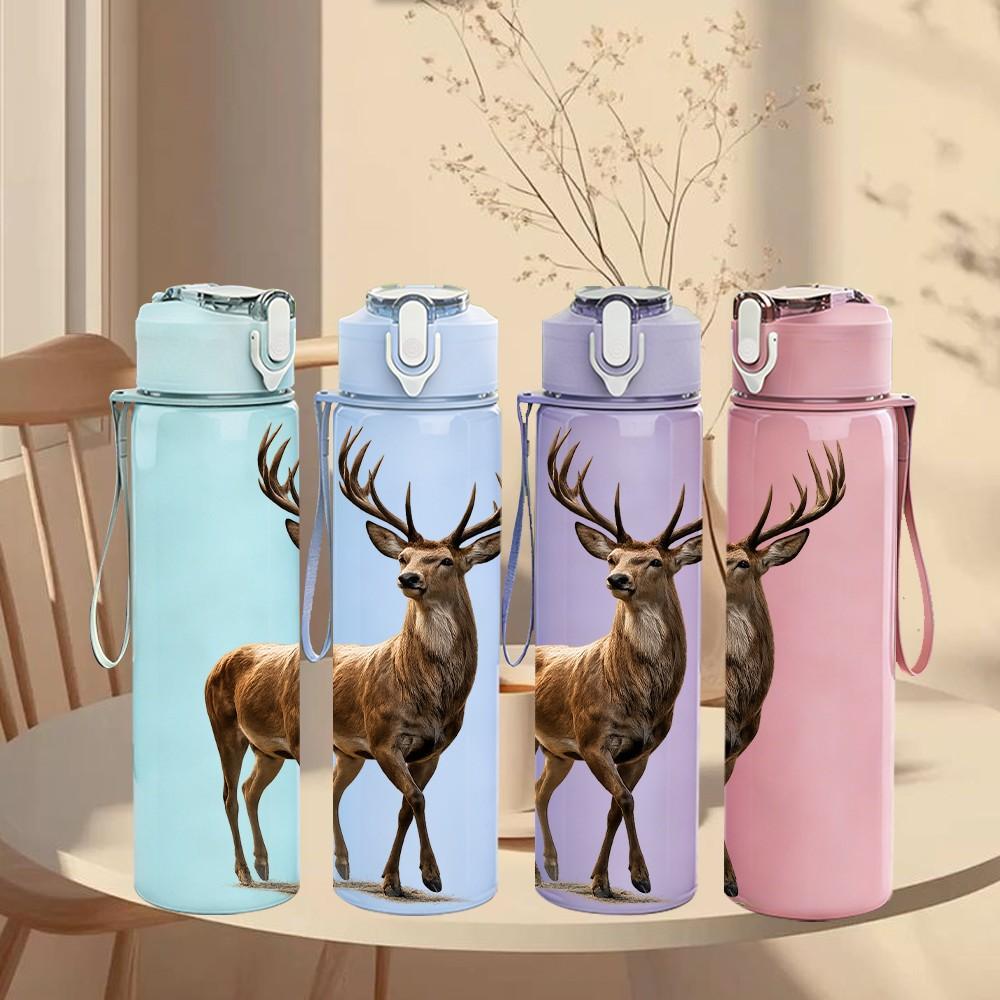 1PC Forest Stag Deer Animal Pattern 750ml Color Plastic Sports Water Bottle Leakproof Flip Straw Lid Suitable for Sports Office Home Use