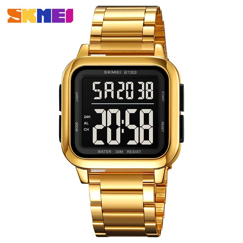 SKMEI 2133 Square Large Digital Dial Watch Men's Luxury Stainless Steel Lightweight Sports Watch Men's 3Bar Waterproof