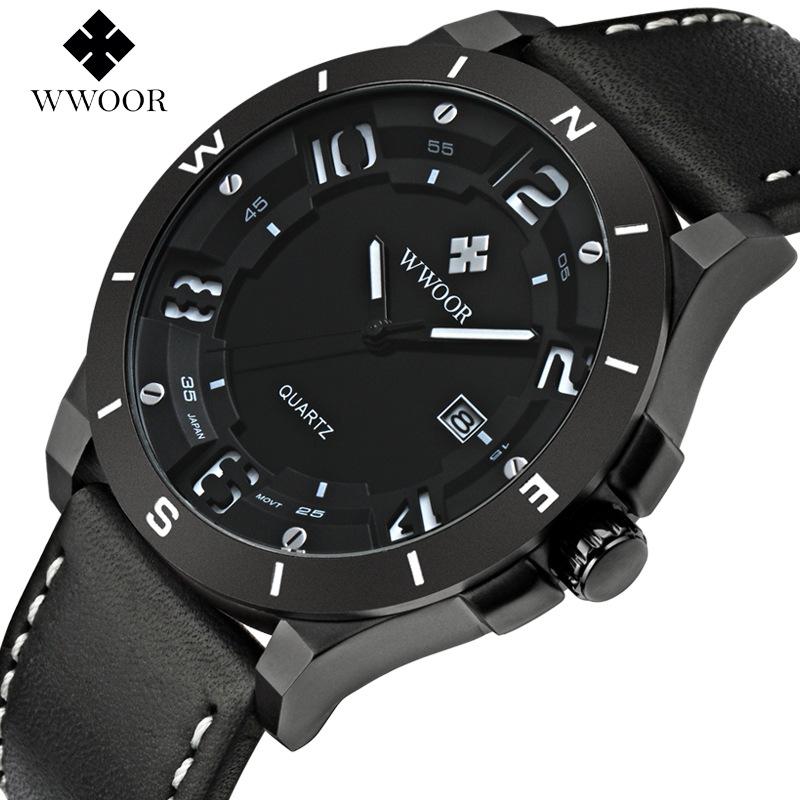 WWOOR Спортивные мужские часы с кожаным ремешком Матовый черный корпус с календарем Водонепроницаемые кварцевые часы