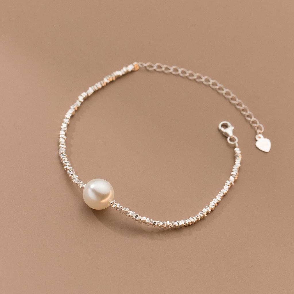 Simple Personality Sterling Silver Chain Freshwater 8-9mm White Pearl Near Round 925 Bracelet Fine Jewelry Gifts for Women Girls