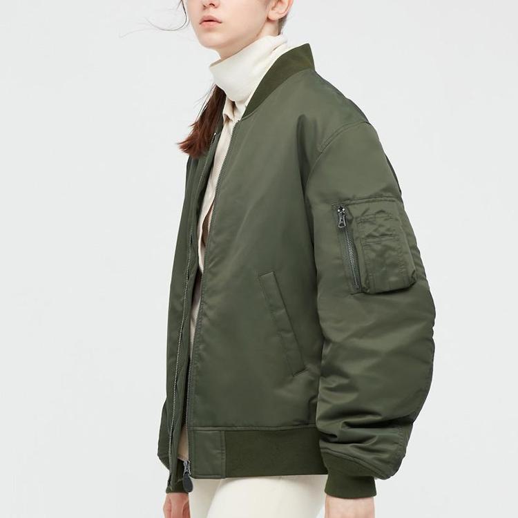 Uniqlo Однотонная хлопковая куртка-пилот на молнии с воротником-стойкой, унисекс, темно-оливковый 442143-57