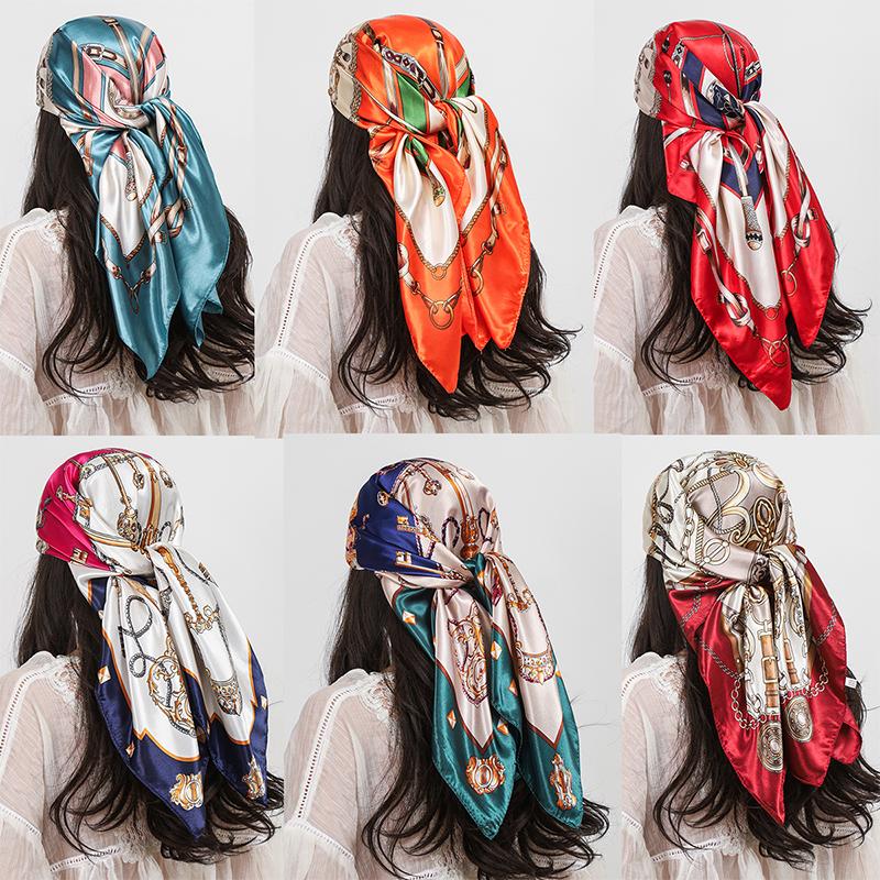 Luxury Brand 90cm Square Silk Scarf Women Shawls Wraps Hijab Scarves Print Kerchief Femme Head Scarf Foulard Bandana Beach Pareo