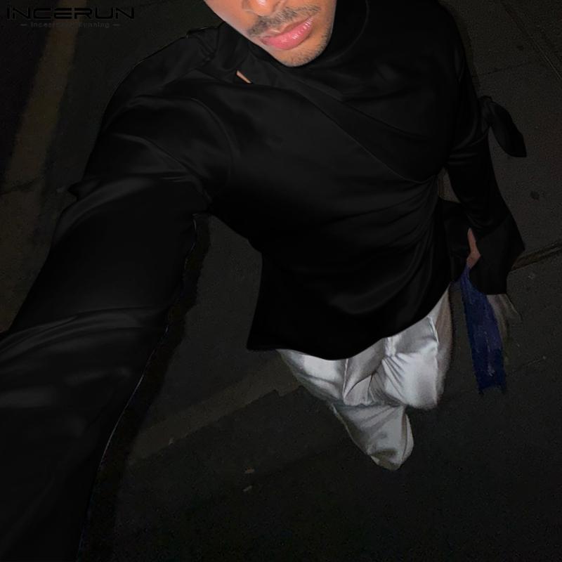 INCERUN Мужские атласные рубашки с длинным рукавом и вырезом, повседневные однотонные топы