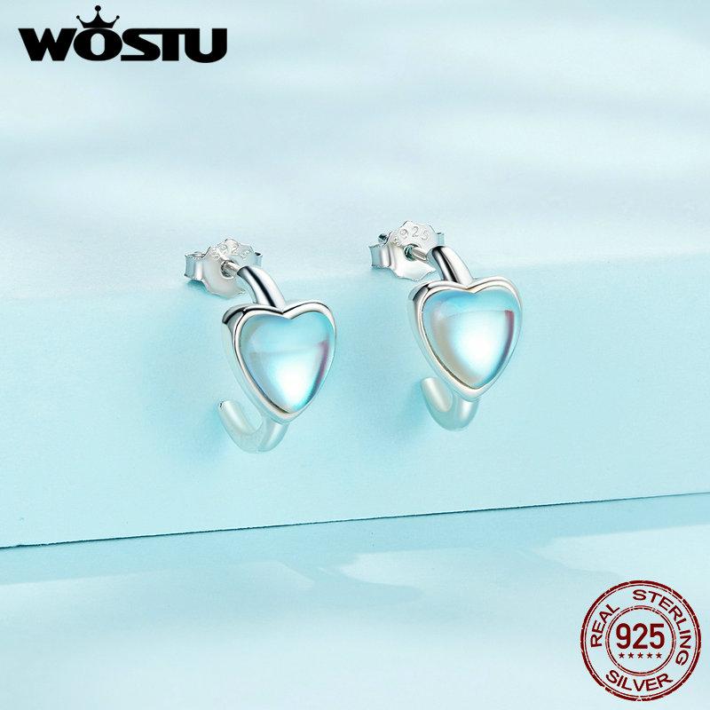 WOSTU Серьги-гвоздики из стерлингового серебра 925 пробы в форме сердца с синтетическим лунным камнем для женщин, серьги-гвоздики оригинального дизайна, ювелирные изделия