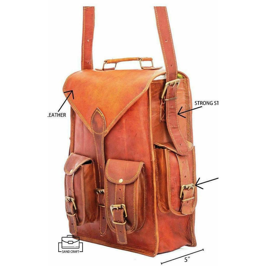 Goat Leather Bag Backpack Laptop Rucksack Men Genuine Vintage Brown Travel New