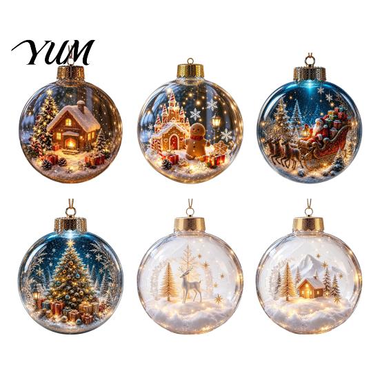 Decorative Snow Ball Pendants Christmas Ornament with LED Lights, Scene Acrylic Clear Holiday Decor, Shatterproof Xmas Tree Hanging Sphere Pattern
