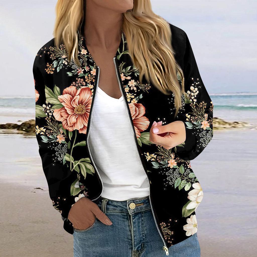 Женская модная повседневная куртка на молнии с длинным рукавом с принтом и круглым вырезом