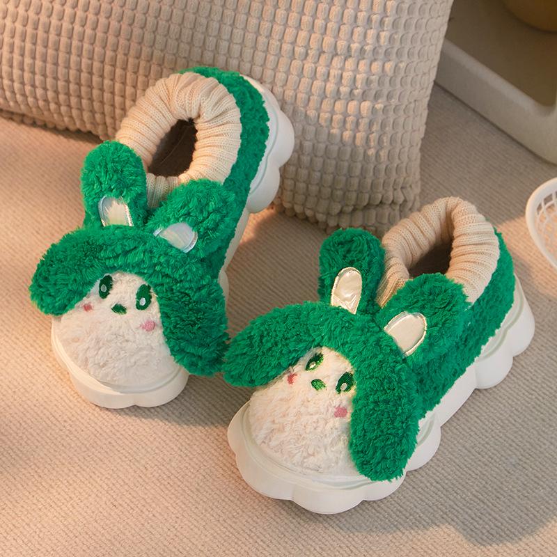 Women's Plush Rabbit Slippers with Heels - Non-Slip, Thick-Soled, Cozy Indoor Shoes for Autumn/Winter
