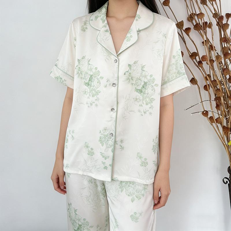 1011 spring and summer new ice silk peony printed pajamas women's Xiaoqing fresh air short-sleeved trousers loungewear two-piece set