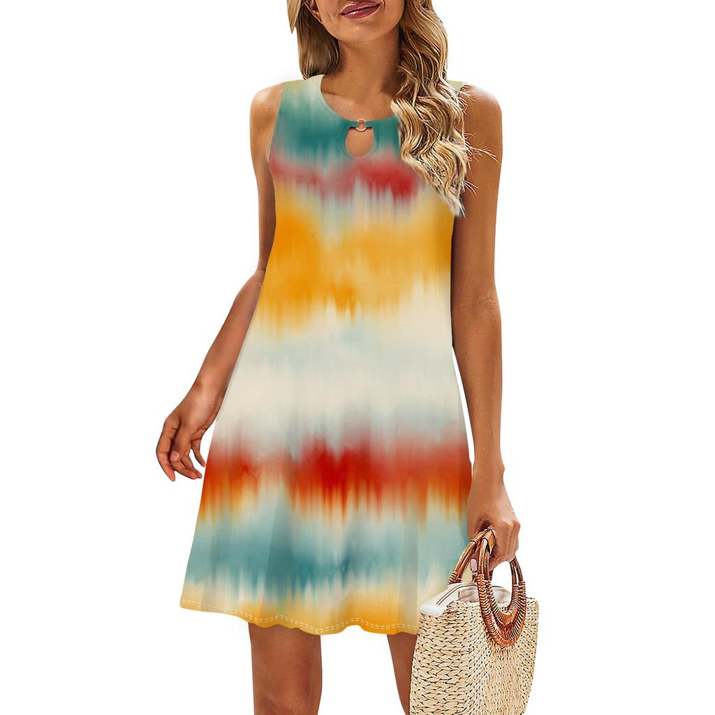 Женское повседневное летнее платье без рукавов с принтом, свободное пляжное платье с вырезами