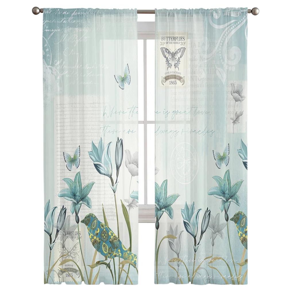 Rustic Vintage Tulip Flower Bird Sheer Voile Window Curtains Tulle Curtains Living Room Balcony Decoration Drapes