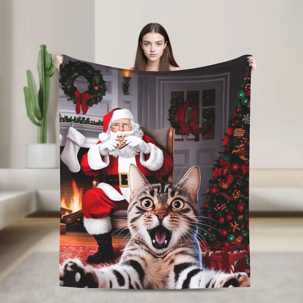 Cat Selfie with Santa Flannel Blanket Winter Soft Bedding Throws for Kids Couch Chair Street Trend Bedspread Sofa Bed Cover