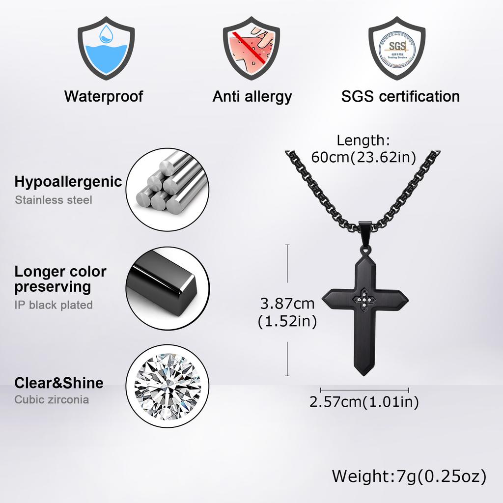 Stylish Stainless Steel Matte Cross Pendant Necklace With Zircon, Waterproof Christian Religious Faith Prayer Jewelry for Men
