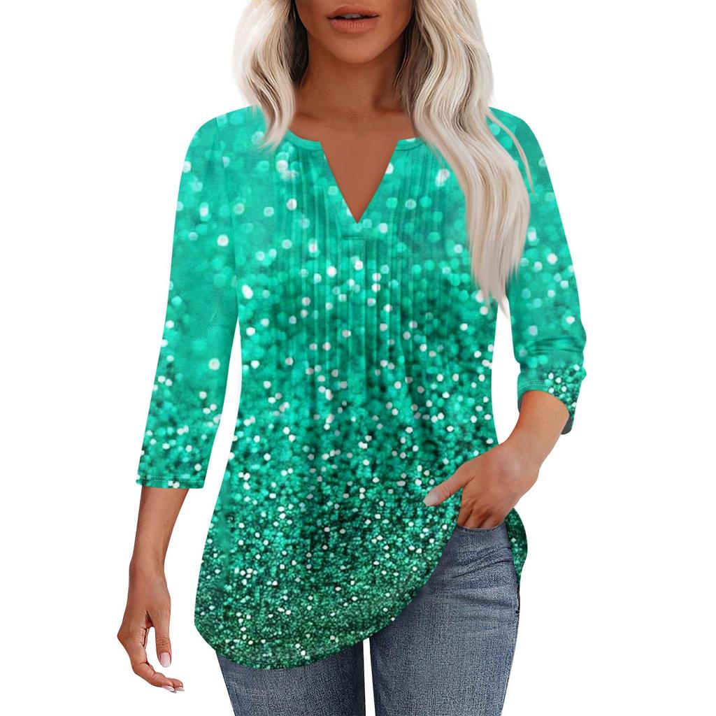 Women's Fashionable Casual Pleated V Neck Solid Color Seven Quarter Sleeve T-shirt Top