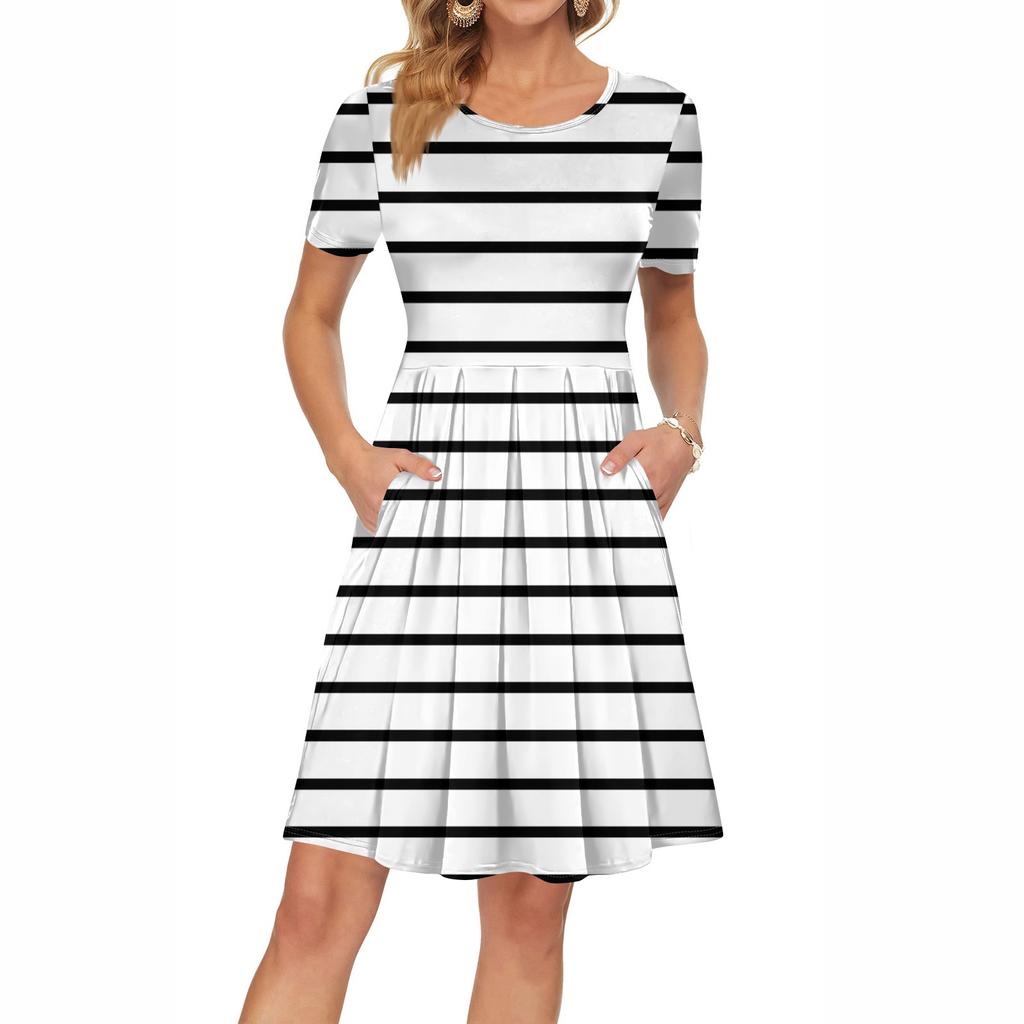 Женское платье с коротким рукавом, плиссированное, свободное, повседневное платье с карманами, платья длиной до колена