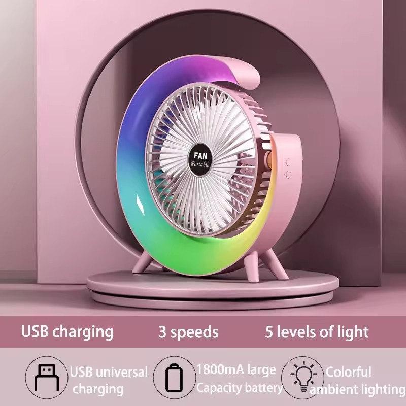 USB Desk Fan 3 Speeds with Colorful Light Personal Fan 180 Degree Rotatable Desktop Fan for Home Office Bedroom Dorm Summer Gift