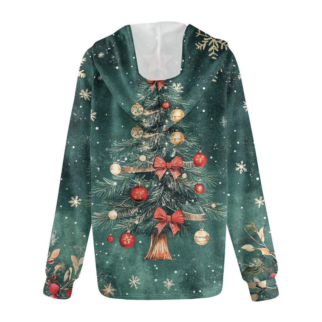 Women's Fashion Casual Long Sleeve  Drawstring Button V-Neck  Hooded Christmas Printed Sweatshirt Top