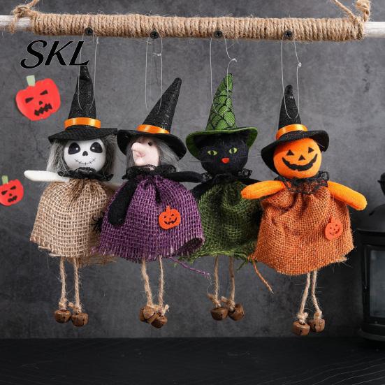 Decorative Witch Statue Halloween Hanging Decoration, Spooky Pumpkin/Ghost/Witch/Black Cat Doll Ornament with Centerpiece Decoration Burlap Skirt for