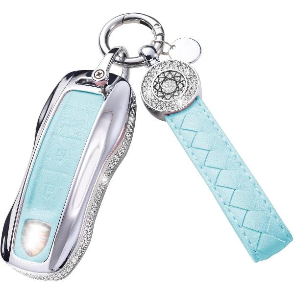 for Volvo Key Fob Cover with Keychain, Blue Leather Rhinestone Key Case Protection Shell Compatible with XC90, XC60, XC40, S60, S90, V60, V90,