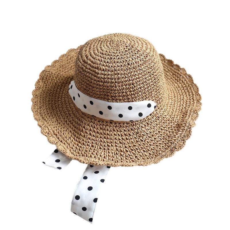 Соломенная шляпа с ремешком, женская летняя пляжная шляпа в горошек со шнуровкой, маленькая, свежая, для отдыха на море, солнцезащитная шляпа с козырьком