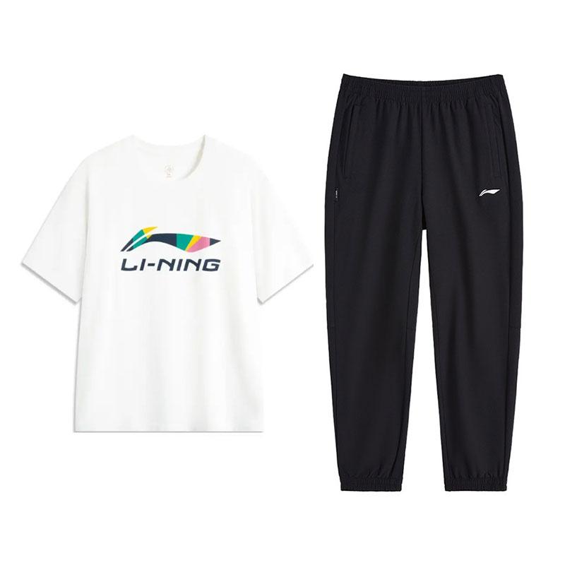 Li-Ning Повседневная Модная Футболка с Принтом Логотипа Дышащая Короткий Рукав Удобные Брюки Спортивный Костюм Унисекс Костюм Стандартный-Белый Черный D61-1+V809-1
