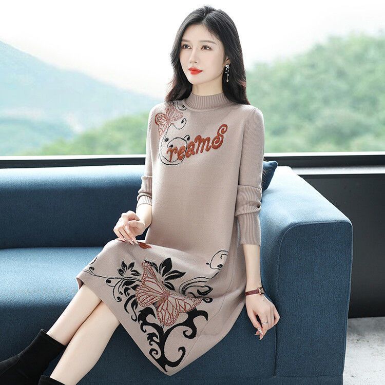 Women's Floral Knit Dress Loose Mid-length Thick Knit Sweater Dress Pullover Knit Dress