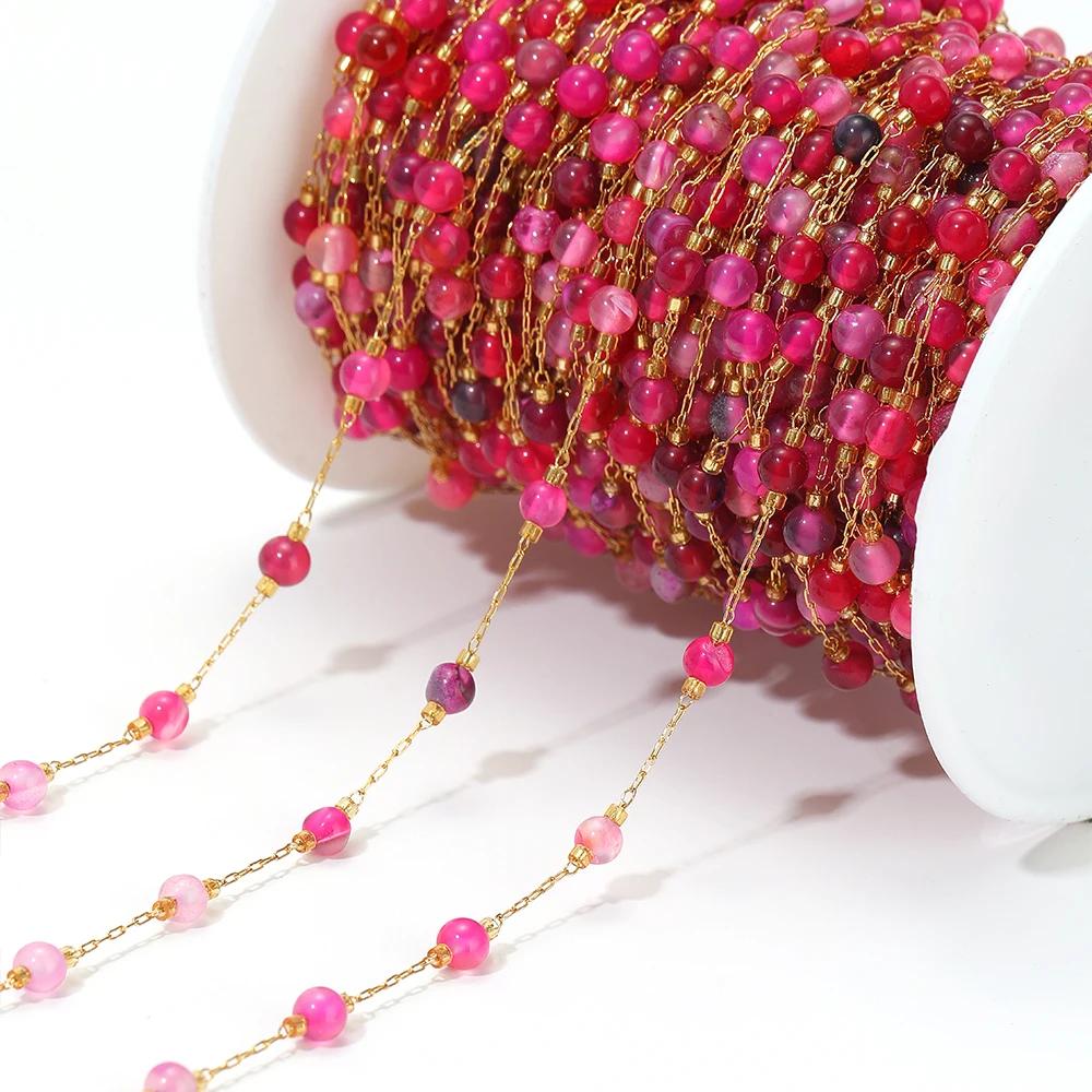 1meter Natural Stone Turquoise Amethyst Quartz Gemstone Beads Stainless Steel Wire Chains DIY Necklace Making Bracelet Findings