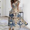 Women's Long Casual Dress Summer Short-Sleeve V-Neck Waist Retraction Printed Dress