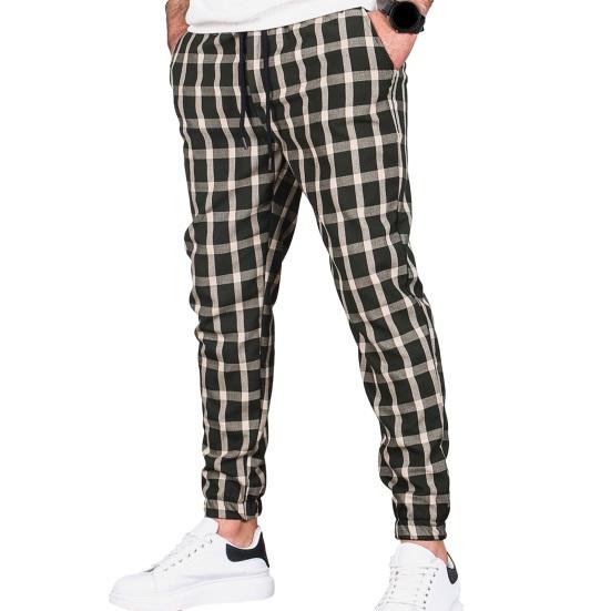 Men Pants Color Matching Plaid Print Drawstring Elastic Waist Ankle-banded Pockets Mid Waist Soft Casual Breathable Sports Jogging Trousers