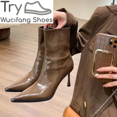 Осень-зима Короткие плюшевые женские ботильоны Модные женские элегантные туфли-лодочки с острым носком на тонком каблуке