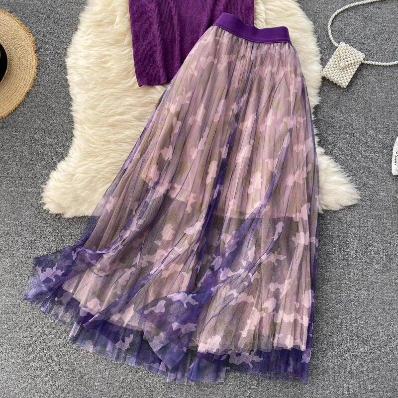 Новый летний повседневный комплект из двух предметов, женский вязаный свитер с рукавами-бабочками из люрекса, пуловер, длинная юбка-миди с принтом, костюм