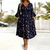 Women's 3/4 Sleeve Flared Floral Dress with V-Neck and Cross Pleated Cinched Waist