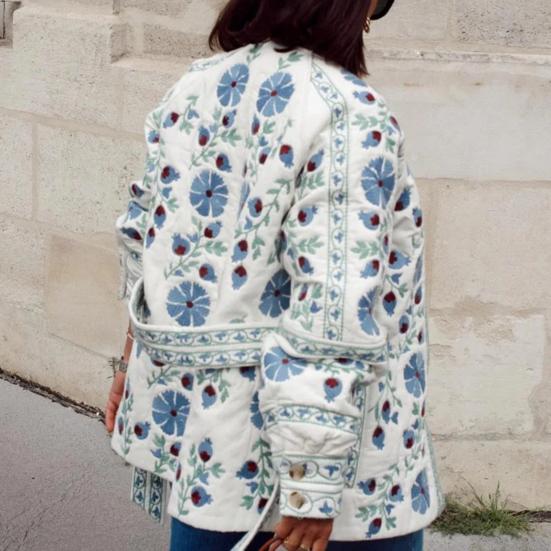 Женская стеганая куртка с цветочным принтом, пуховик с длинным рукавом, круглым вырезом, застегивающийся на пуговицы, верхняя одежда, пальто с поясом