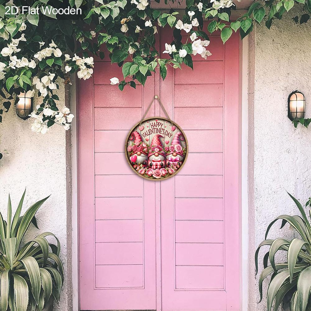 2D Flat Charming Valentine's Day Gnome Sign, 2D Pink Roses Wreath Sign, 7.87 Inch Wooden Round-shaped Hanging Wall or Door Decor, Holiday Party