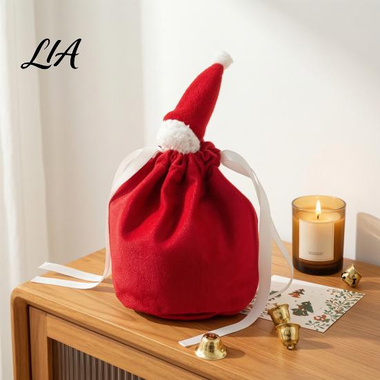 Santa Claus Drawstring Pouches Christmas Gift Bags with Hat, Reusable Velvet Xmas Goodie Sacks, Festive Holiday for Kids Candy Apple Treat Pouch